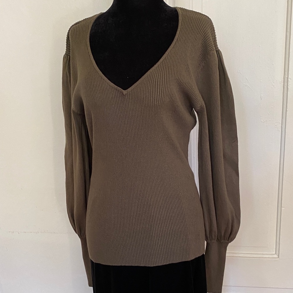 Venus Olive Deep V-Neck Sweater with Puffy Bell Sleeves